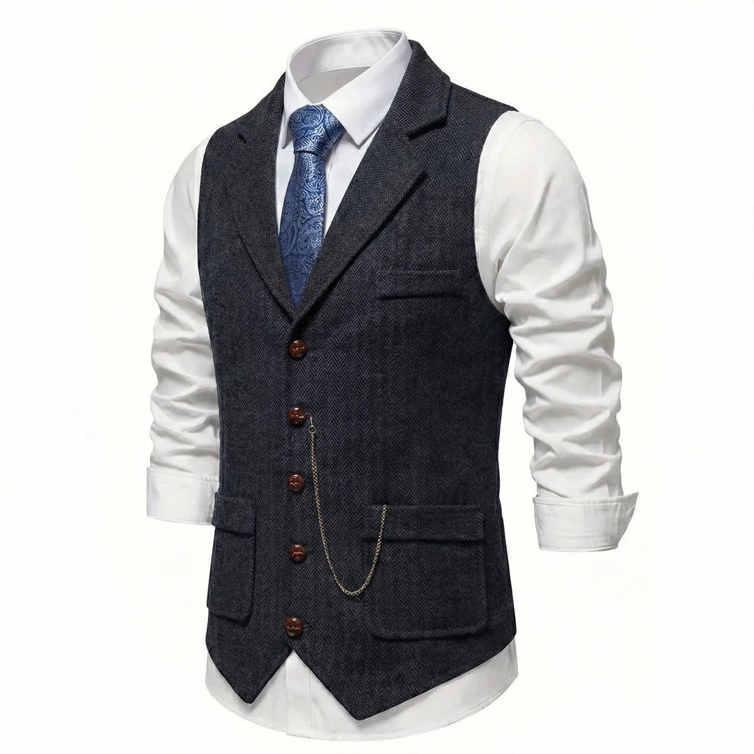 Men's Midnight Black tweed waistcoat alternate angle