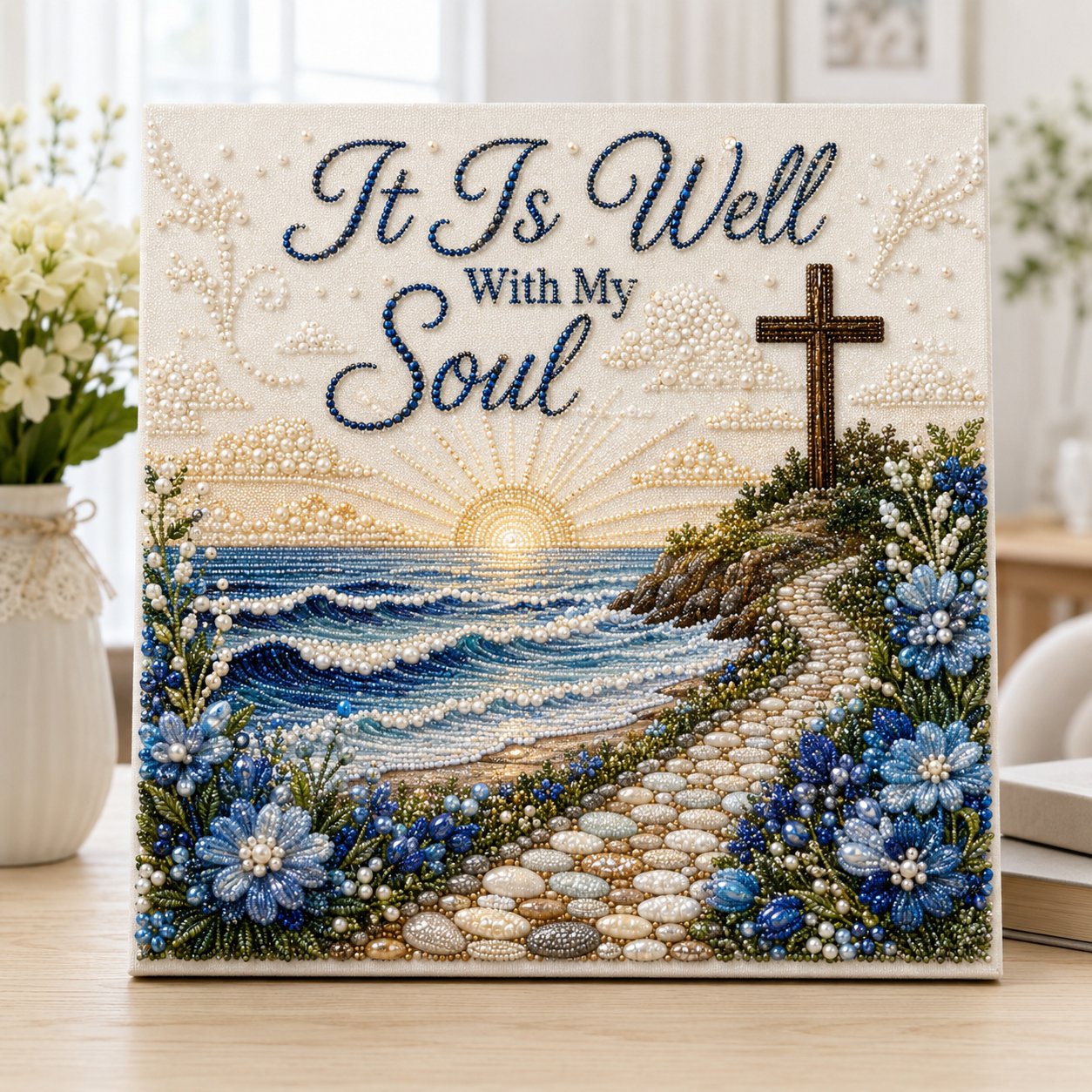 It Is Well With My Soul pearl art kit with coastal cross and sunrise