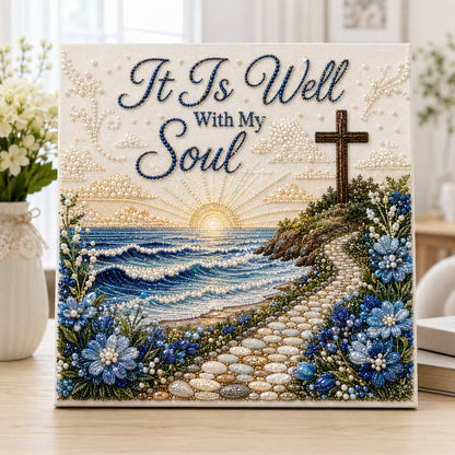 It Is Well With My Soul pearl art kit with coastal cross and sunrise