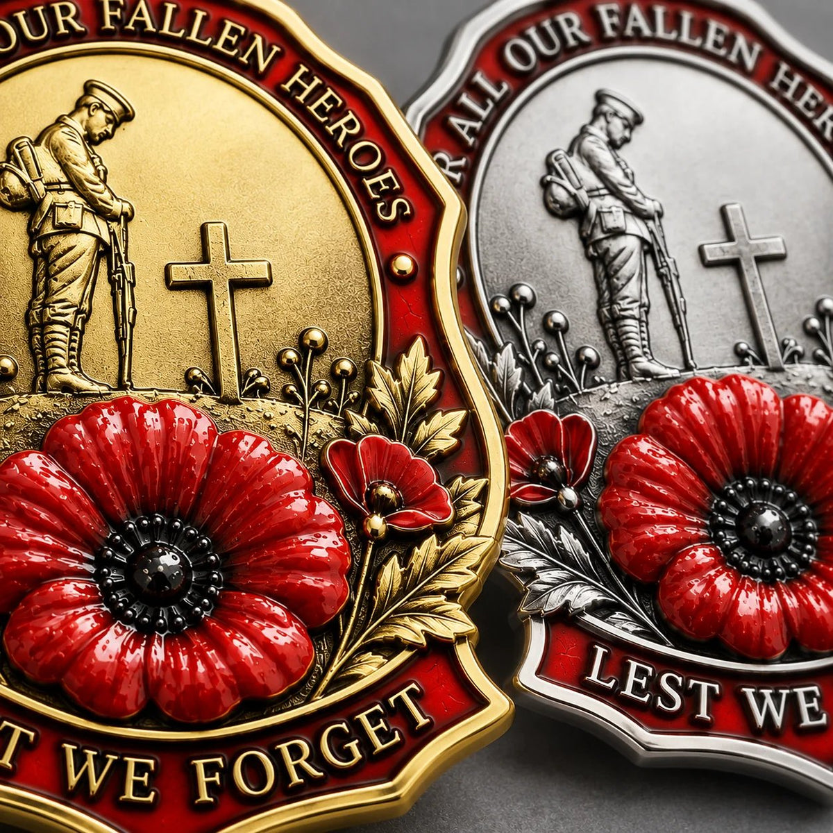 Red poppy remembrance brooch close-up showing raised floral and soldier details