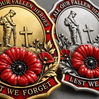 Red poppy remembrance brooch close-up showing raised floral and soldier details