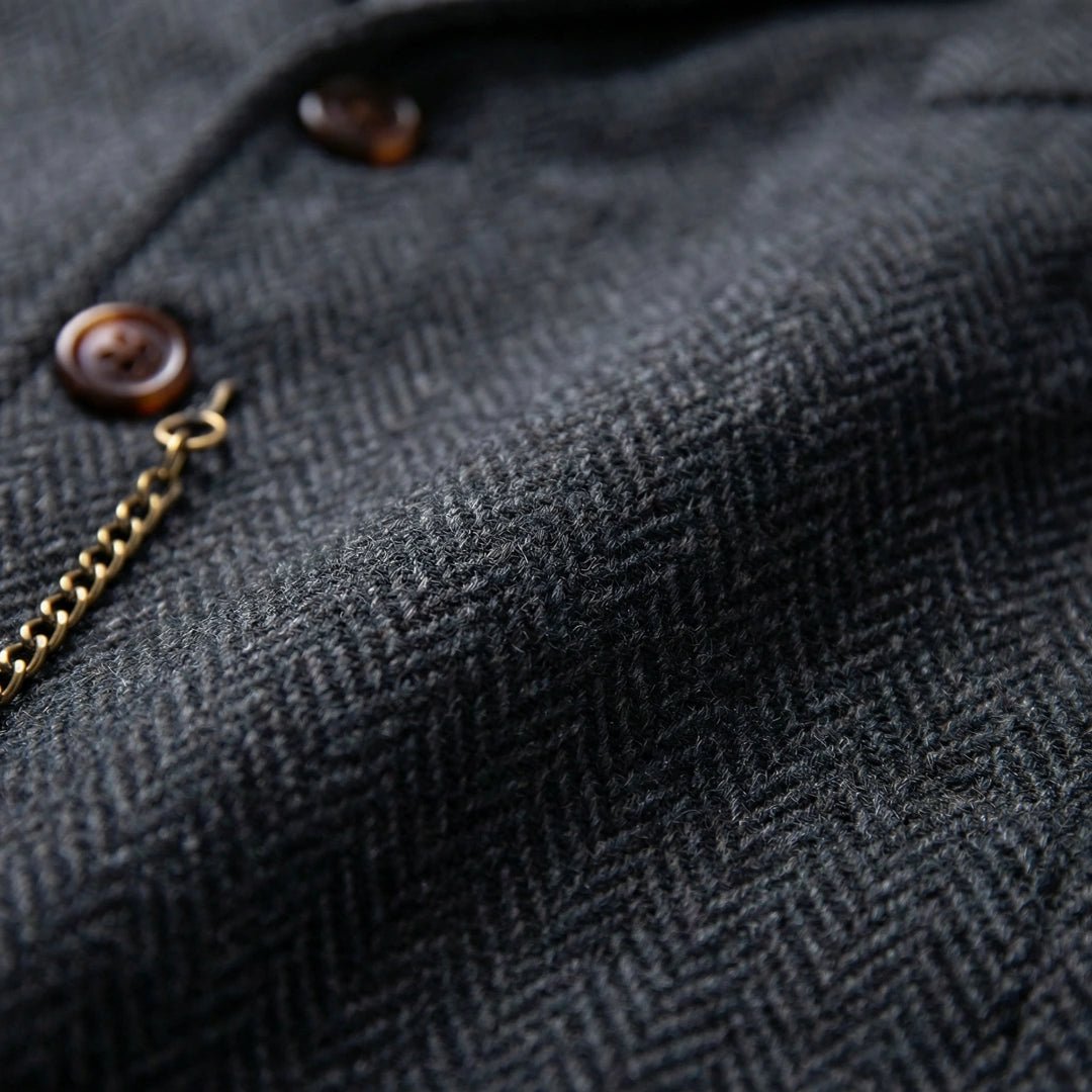 Men's Black tweed waistcoat button and chain detail