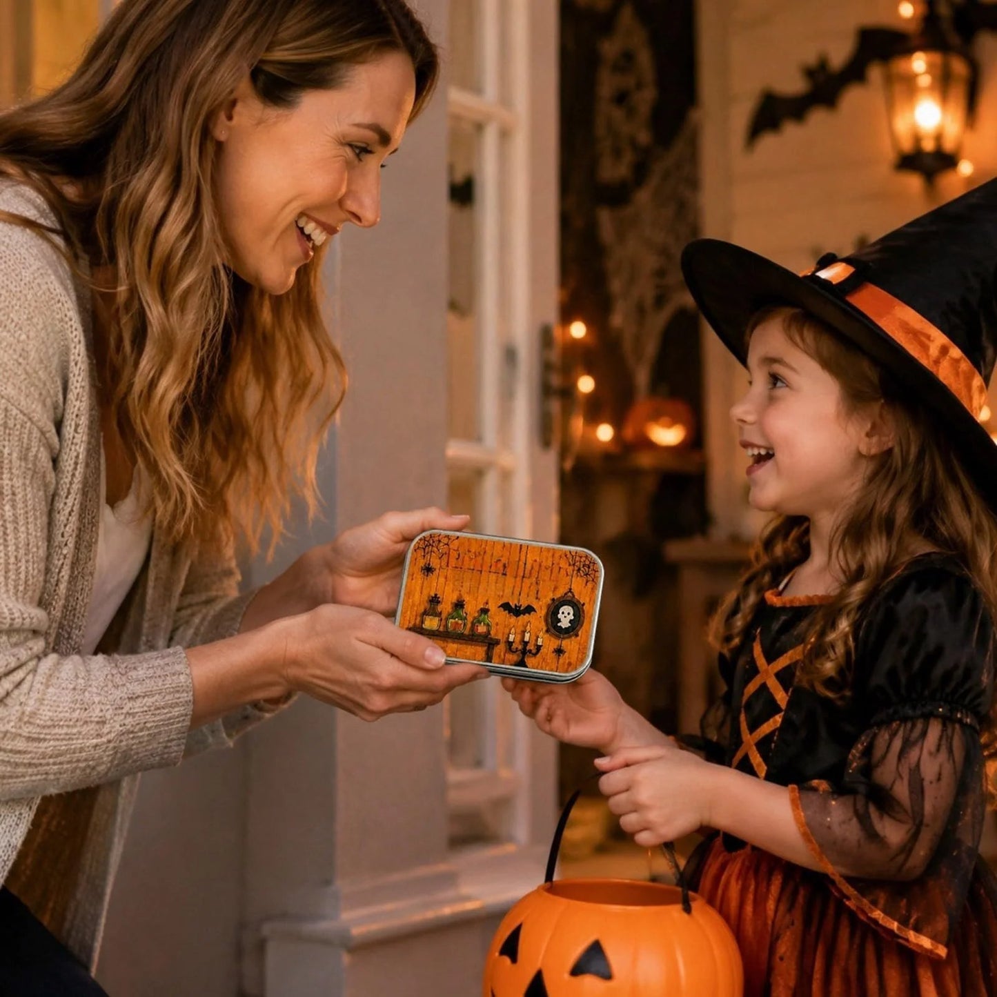 Woman gifting Bats and Potions Halloween tin box to little girl in witch costume