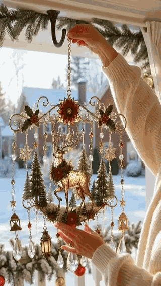 Christmas stained glass window hanging sparkling in snowy scene