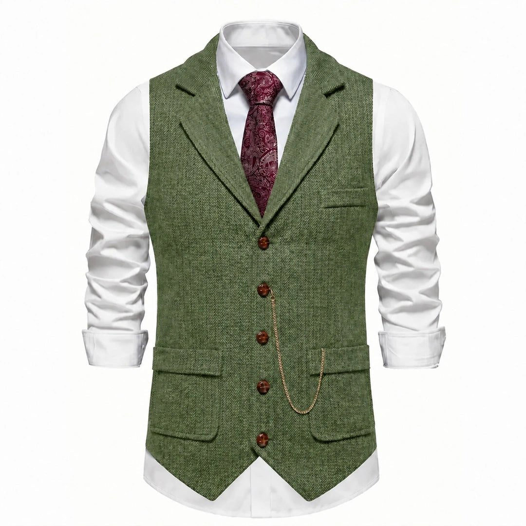 Men's Olive Green herringbone tweed waistcoat front view