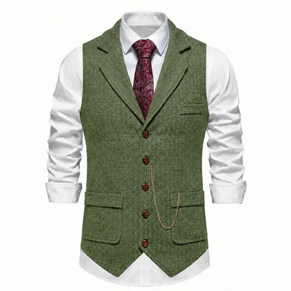 Men's Olive Green herringbone tweed waistcoat front view