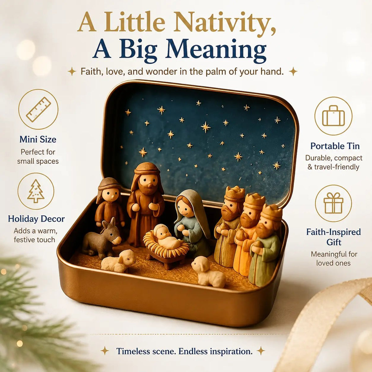 Mini nativity scene keepsake tin with faith-inspired Christmas display
