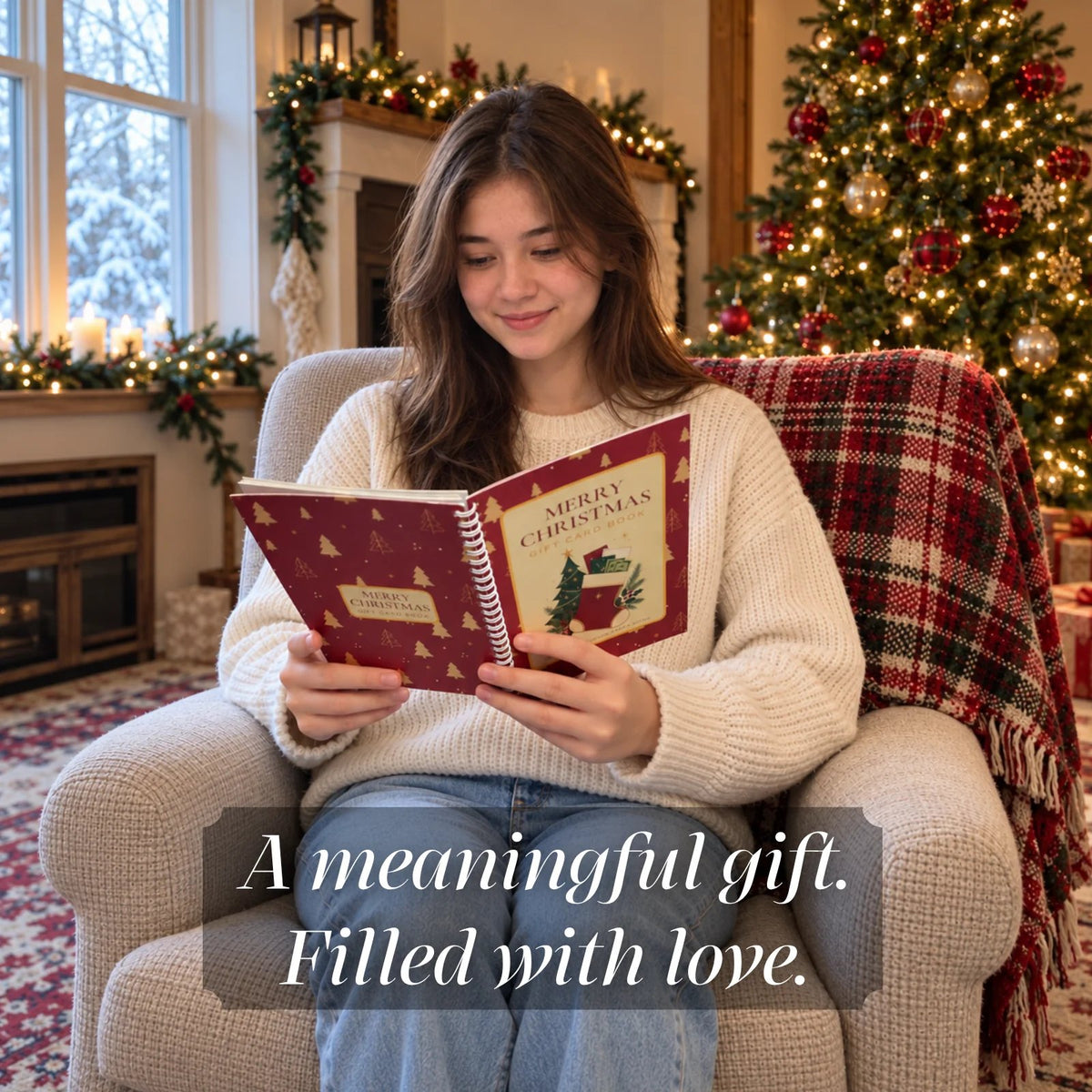 Christmas Gift Card Book For Everyone being read beside a Christmas tree