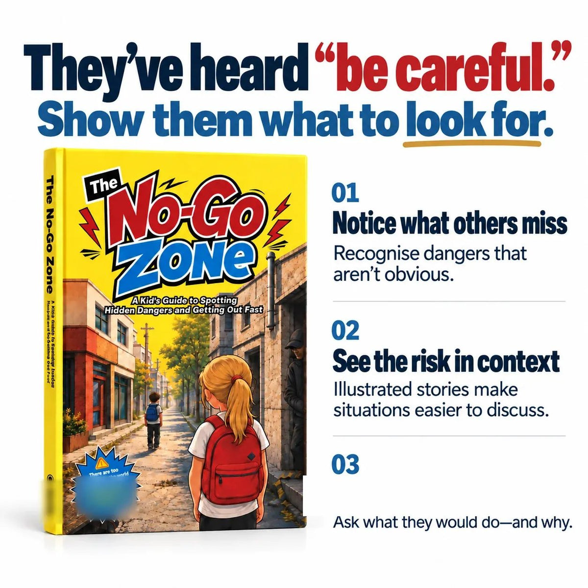 Children’s illustrated safety storybook with warning-sign and decision-making prompts