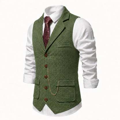 Men's Olive Green tweed waistcoat alternate angle
