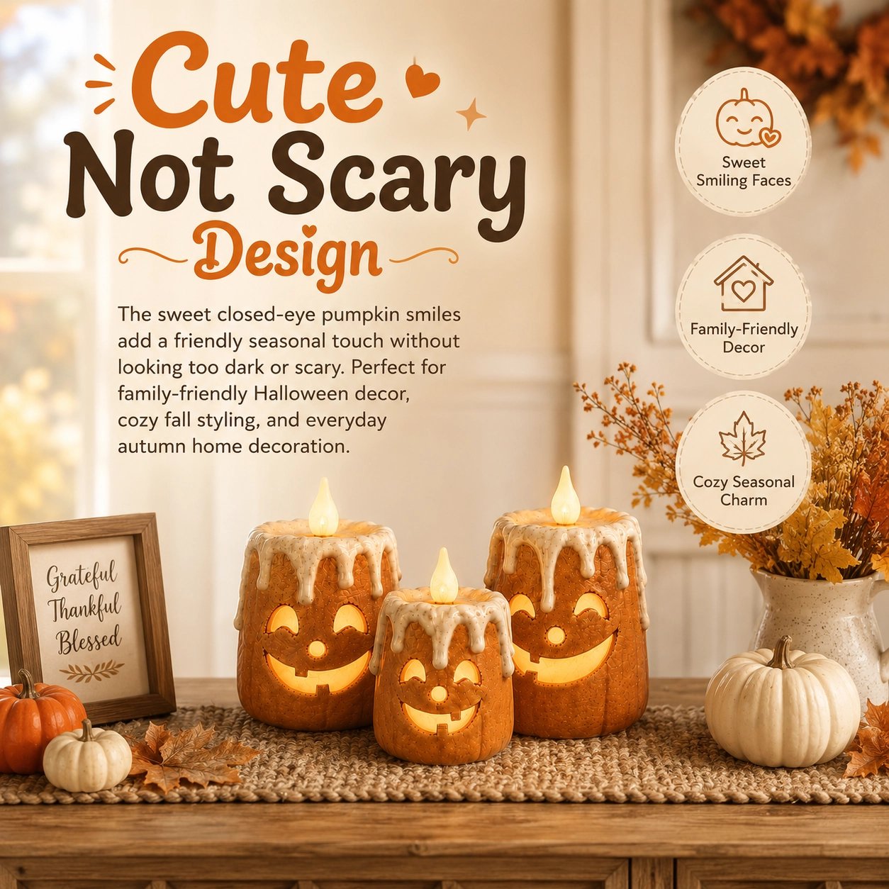 Beautiful by day glowing by night comparison of lighted pumpkin candles