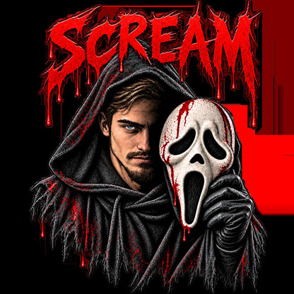Personalized Halloween photo artwork with a hooded portrait and horror mask