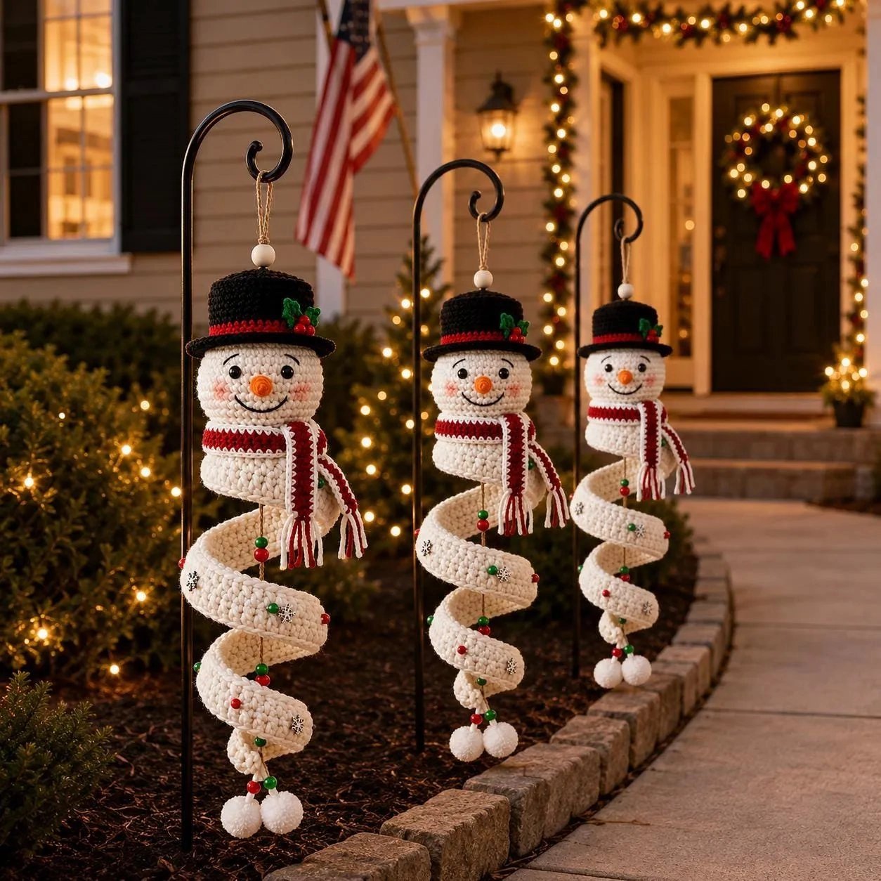 Crochet spiral snowman ornaments hanging outdoors by lantern at night