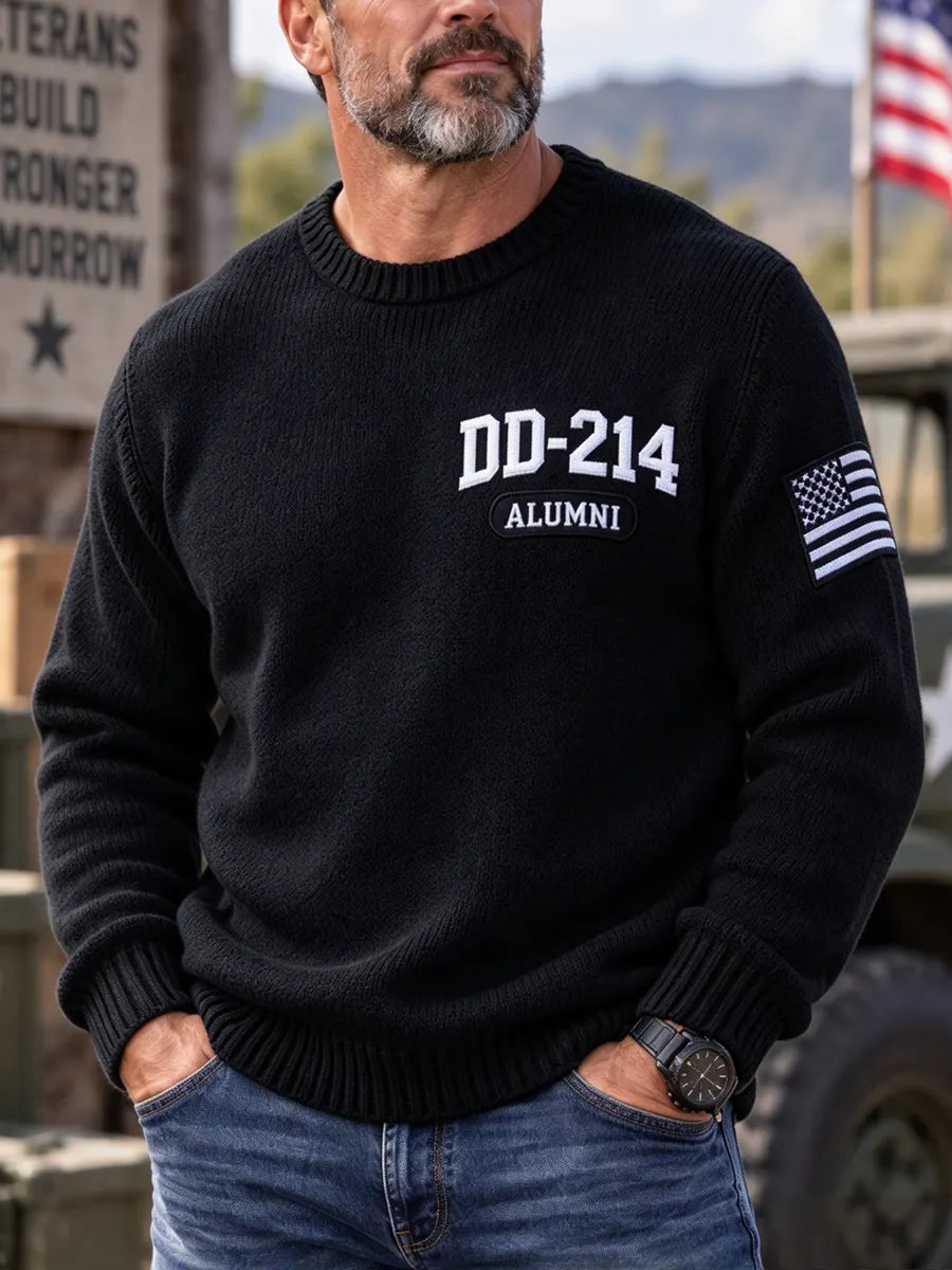 Black men's DD-214 Alumni knit sweater with flag sleeve patch