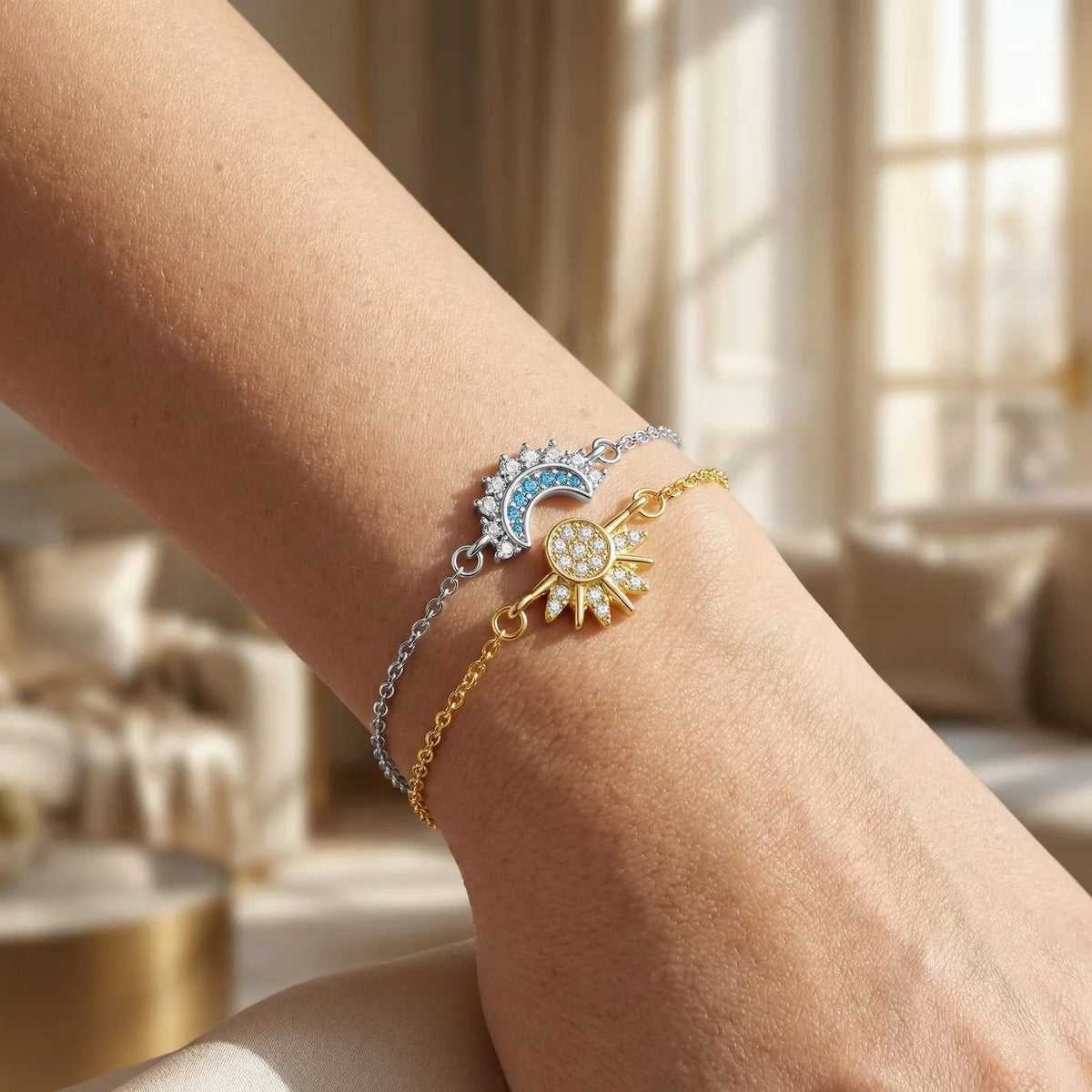 Sun and moon magnetic bracelets worn together on one wrist