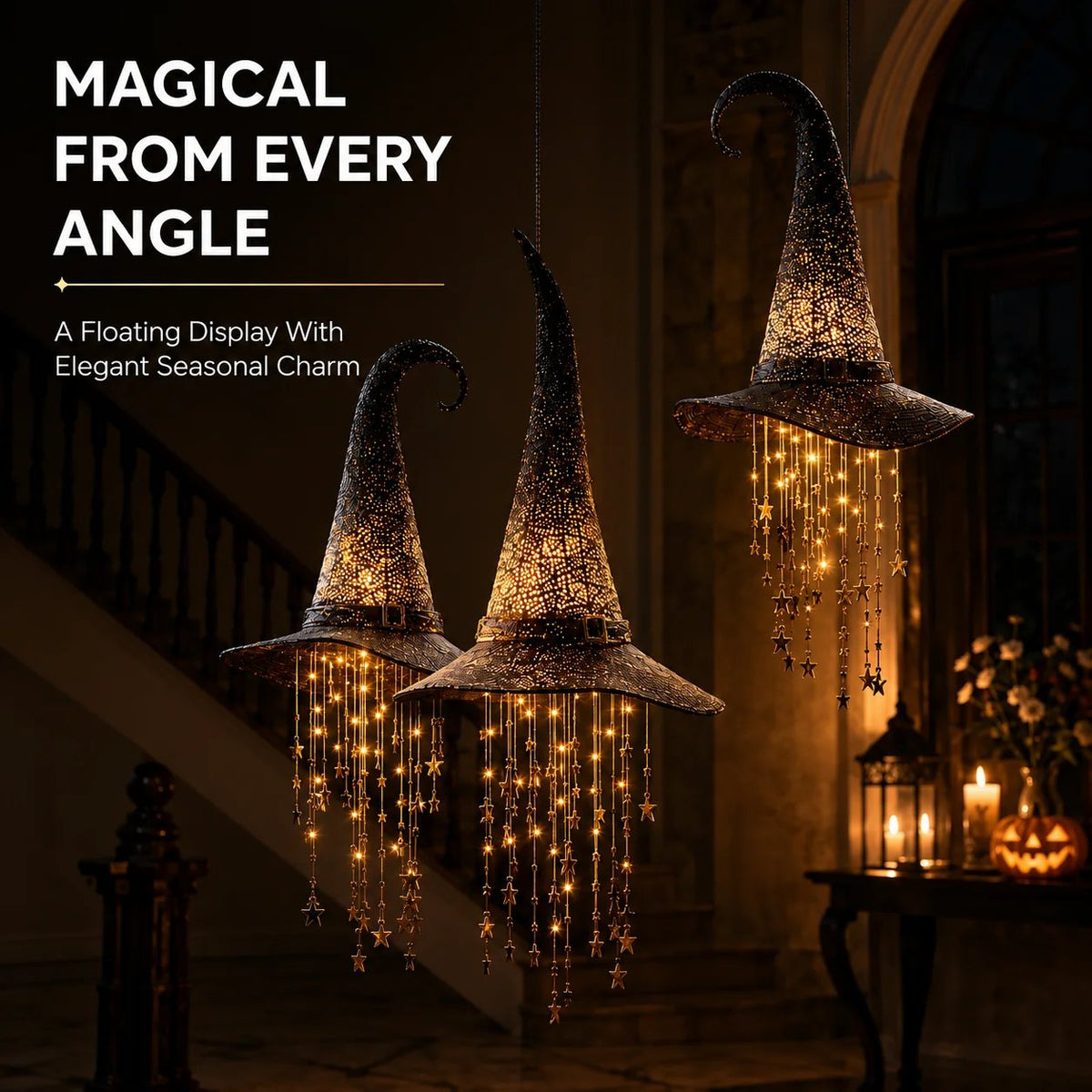 Magical from every angle floating witch hat chime indoor stairwell display
