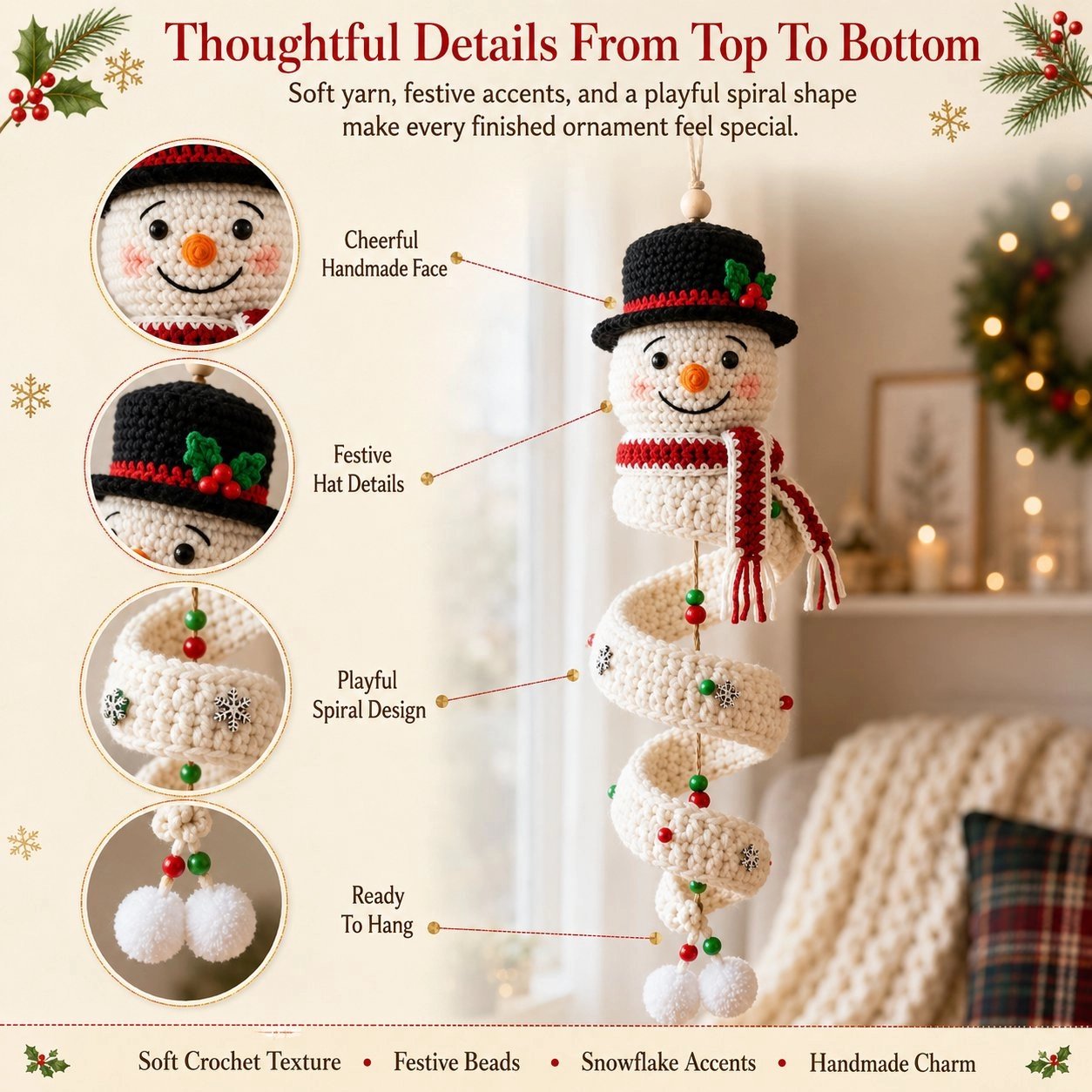 Thoughtful crochet snowman details from hat to pom-poms