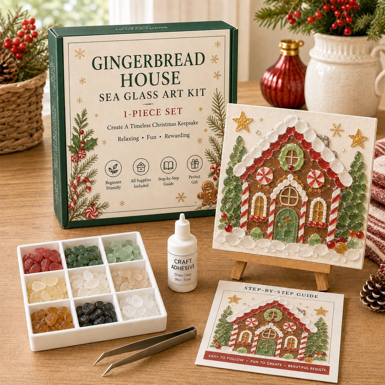 Gingerbread house sea glass art DIY kit with materials included