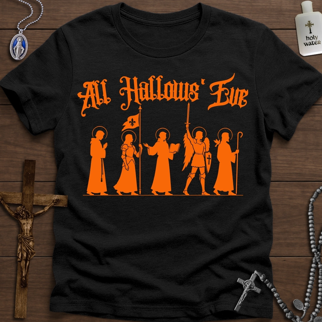 All Hallows' Eve Saint Procession Catholic T-Shirt in Black with orange saint silhouette design