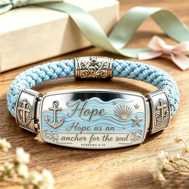 Hope as an Anchor for the Soul blue braided Christian cross bracelet
