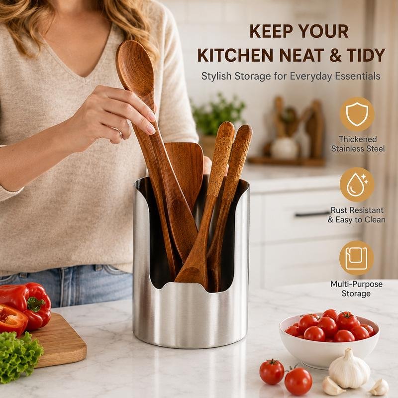 Cook reaching for a spoon in a stainless steel utensil organizer