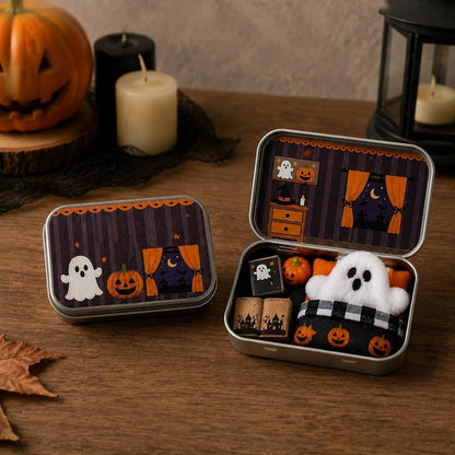 Ghost Bedroom Halloween mini tin box with plush ghost and pumpkin decor