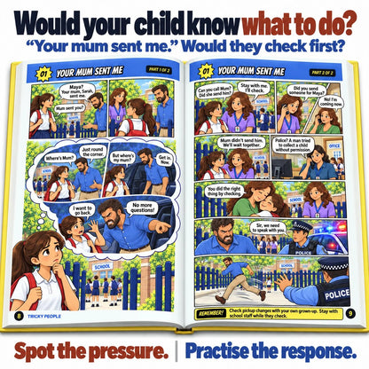 Children’s safety storybook illustrating how to check an unexpected pickup request