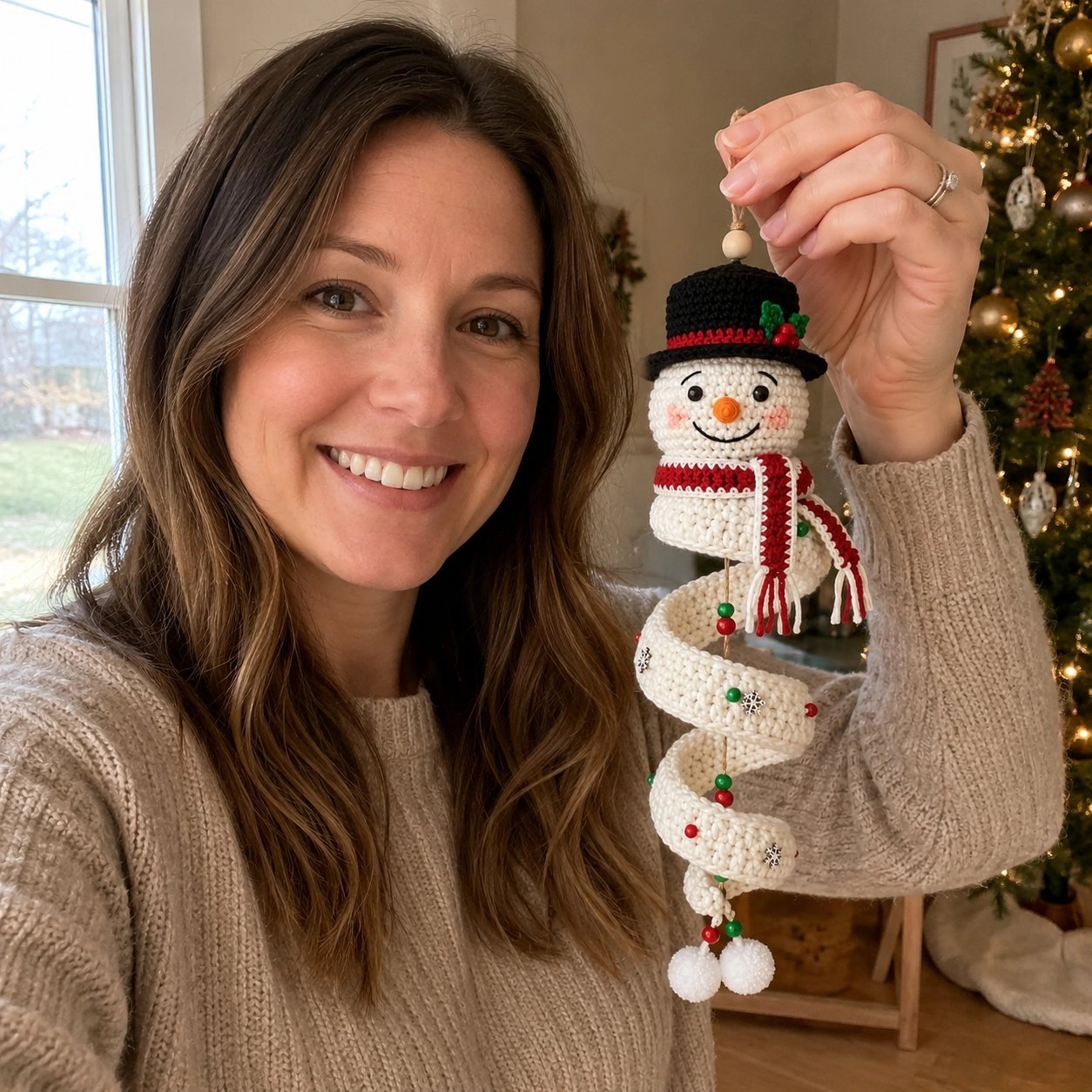 Happy woman holding a finished crochet snowman spiral ornament