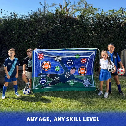 Kids holding a soccer target mat in a backyard