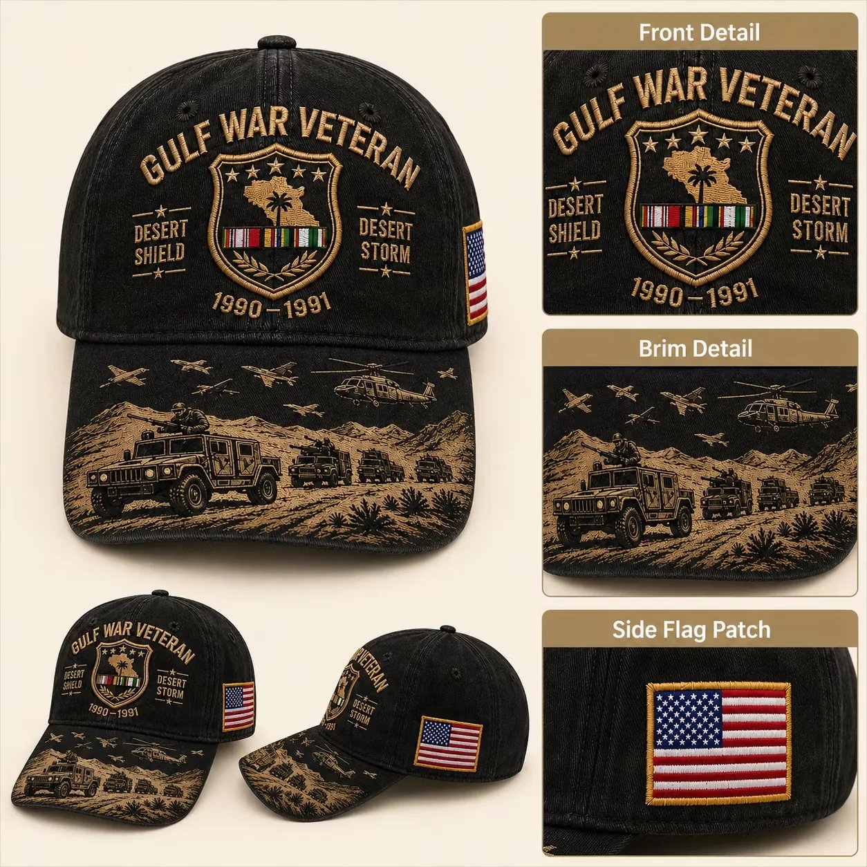 Gulf War Veteran cap front detail, brim detail and side flag patch close up