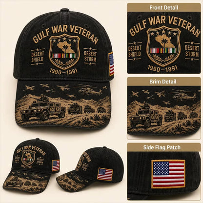 Gulf War Veteran cap front detail, brim detail and side flag patch close up