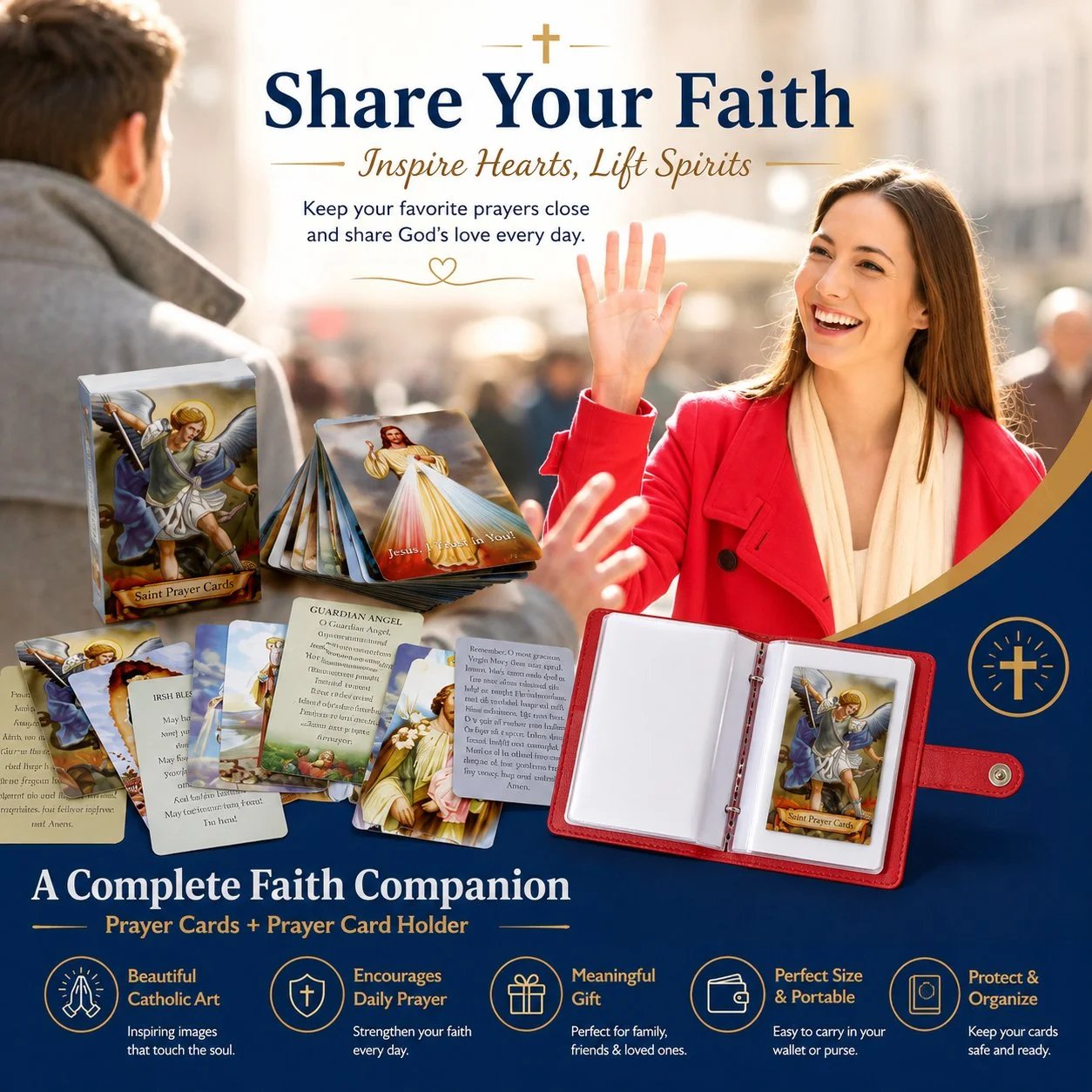 Woman sharing her Catholic faith with genuine leather holy card holder
