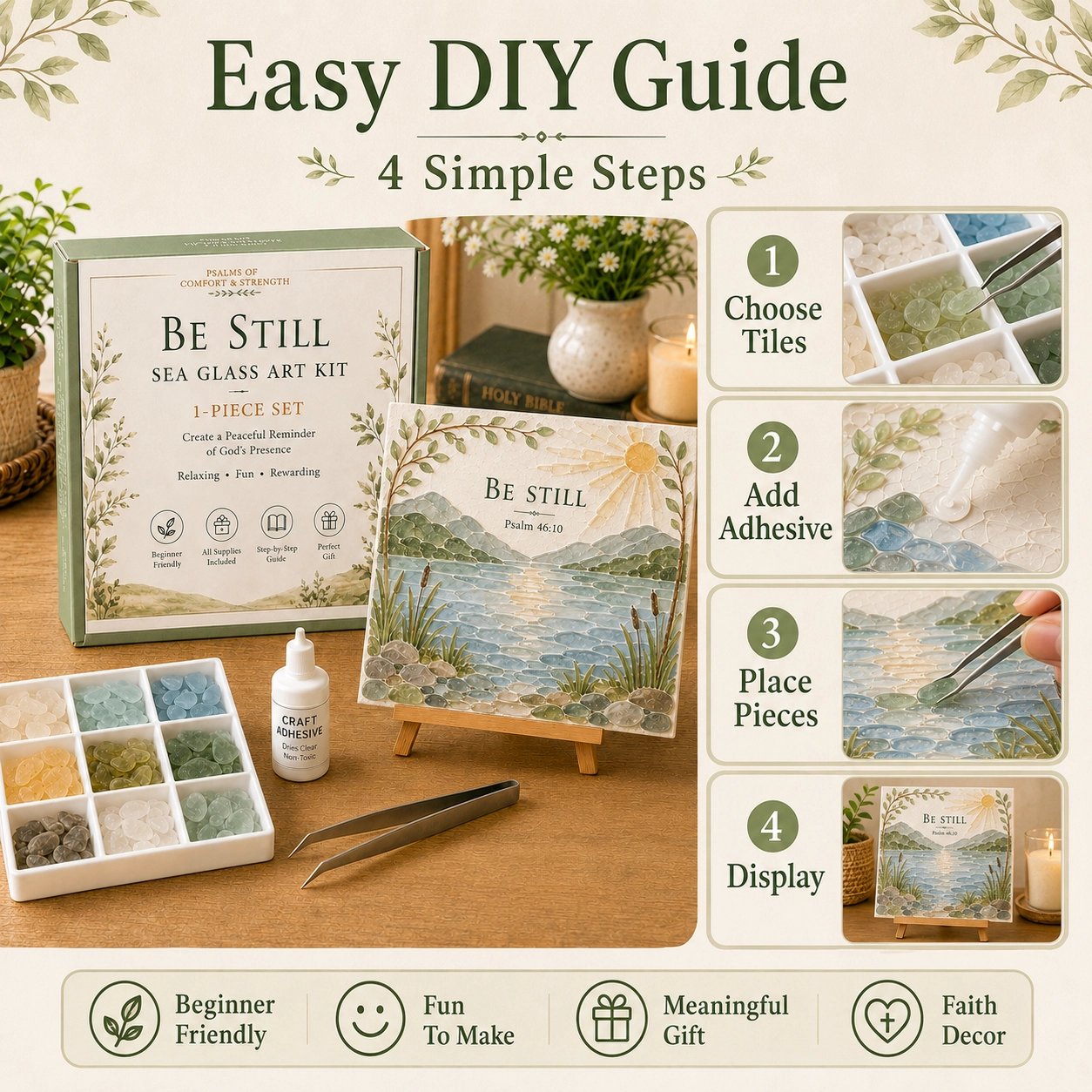 Easy DIY guide showing 4 simple steps for beginner friendly sea glass art