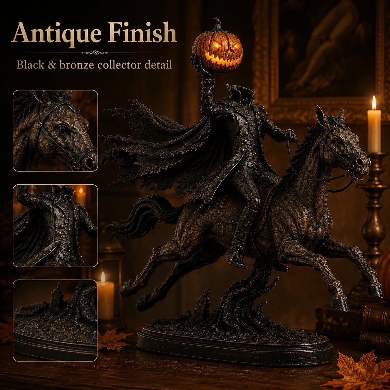 Antique black and bronze hand-painted finish on Halloween horseman statue