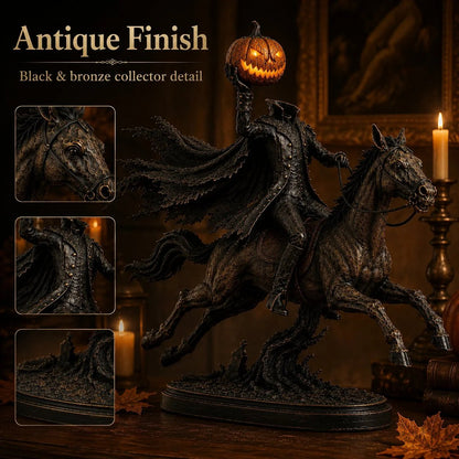 Antique black and bronze hand-painted finish on Halloween horseman statue