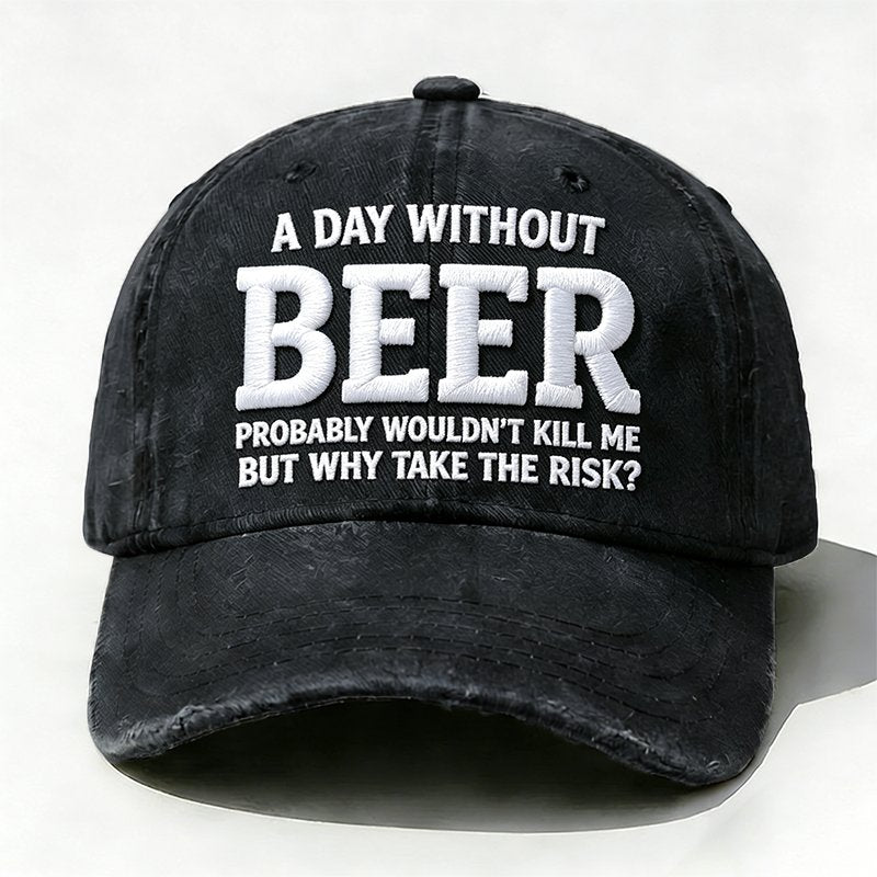 Black embroidered Why Take the Risk beer hat with curved brim