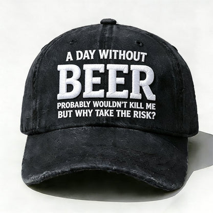 Black embroidered Why Take the Risk beer hat with curved brim