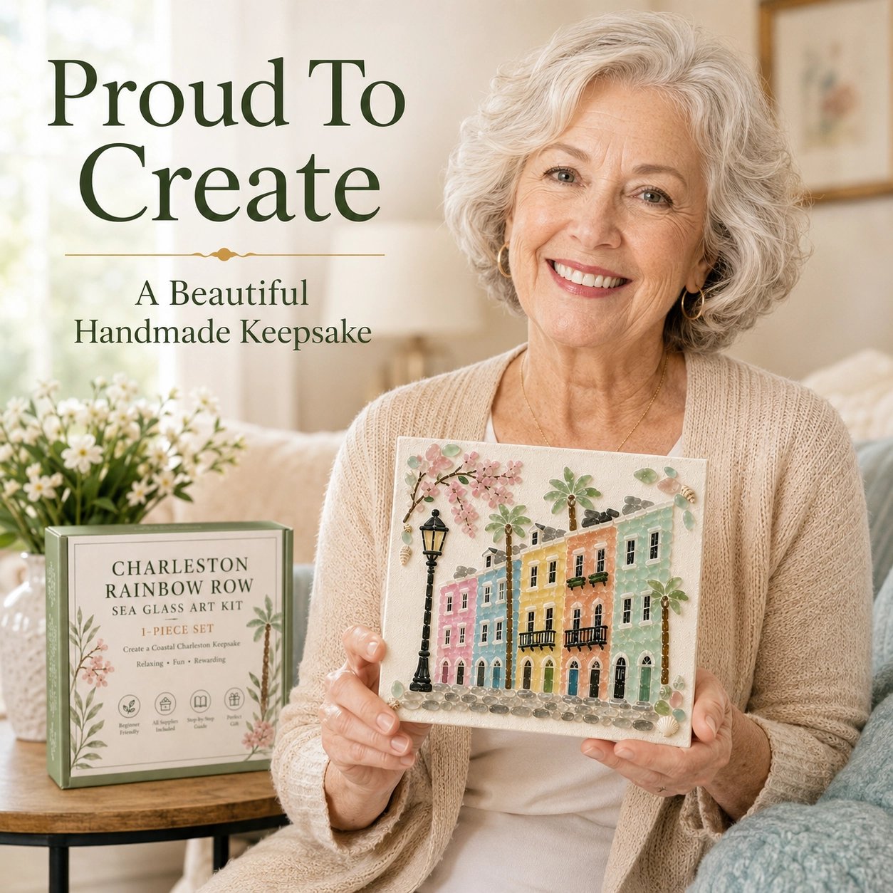 Happy customer holding finished handmade sea glass art keepsake