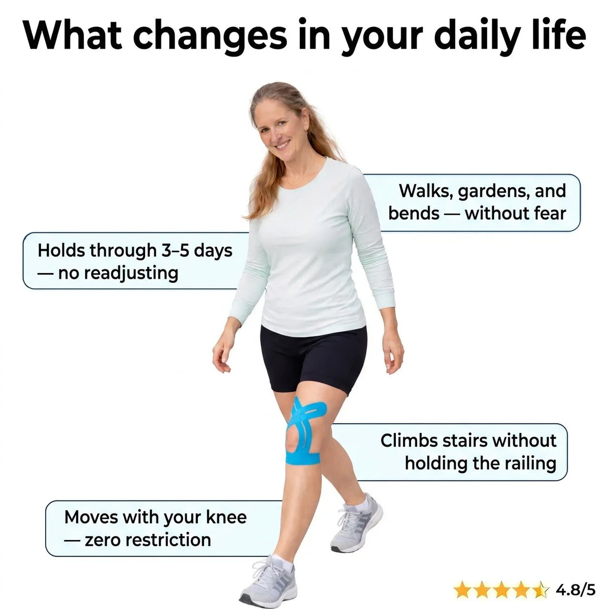 Real-life daily wear — pre-cut knee tape invisible under clothing