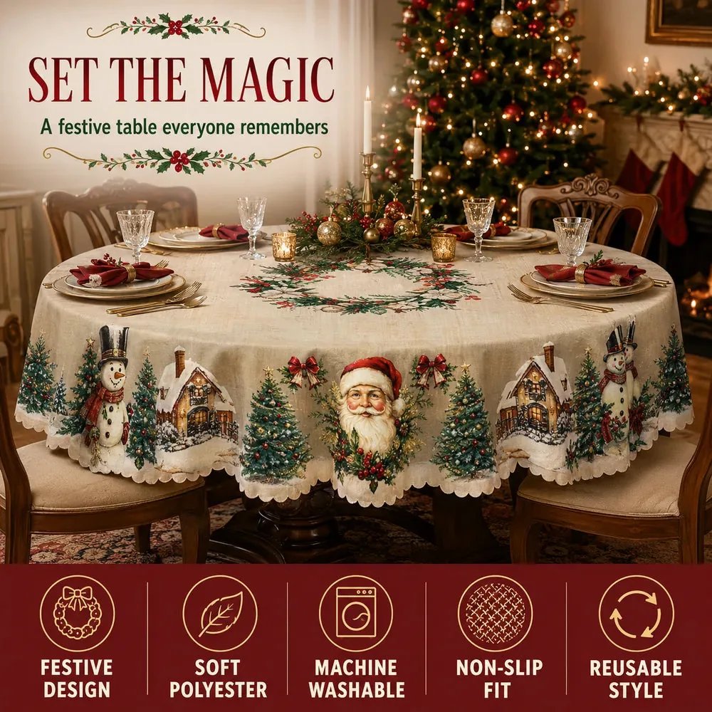 Vintage Christmas tablecloth marketing collage highlighting festive design, machine washable and non-slip fit