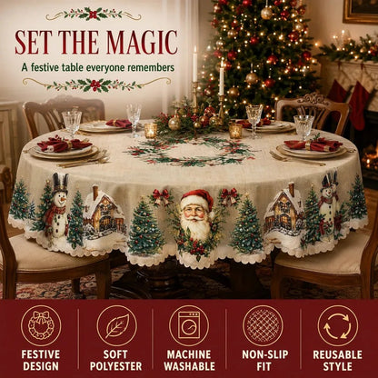 Vintage Christmas tablecloth marketing collage highlighting festive design, machine washable and non-slip fit