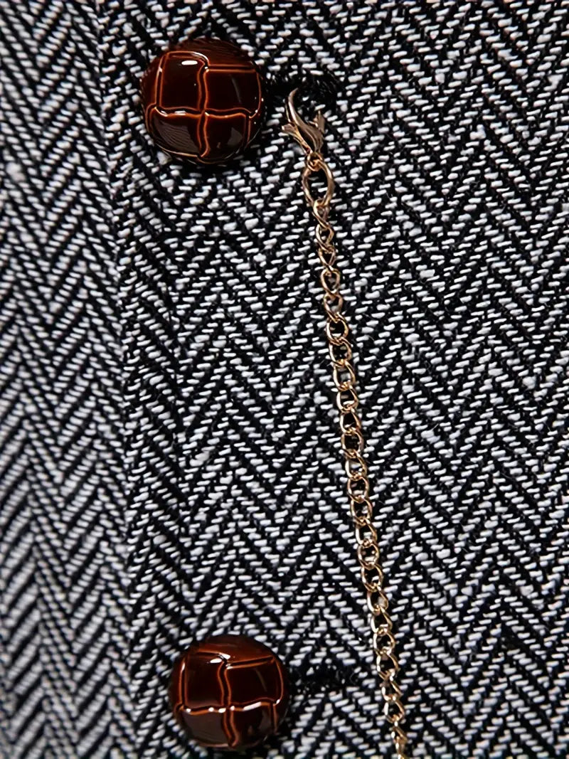 Men's tweed waistcoat button row and chain close-up