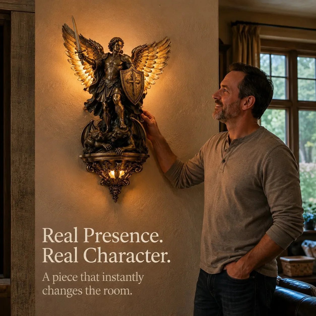 Real man standing beside St. Michael Guardian Angel wall light showing true scale and presence