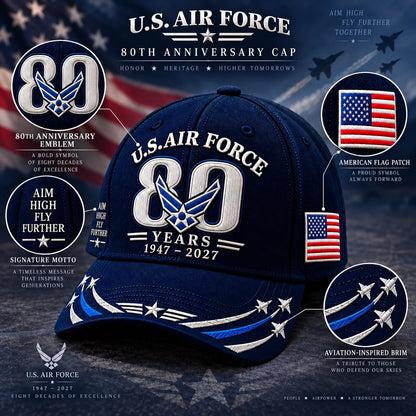 Air Force 80th Anniversary cap design callouts — 80 badge, flag patch, AIM HIGH message and aviation brim details