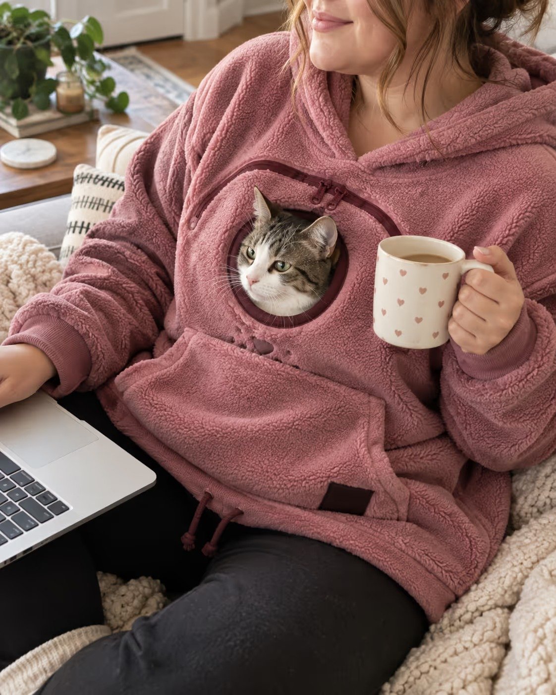 Pink pet carrier hoodie holding a cat during a relaxed moment at home