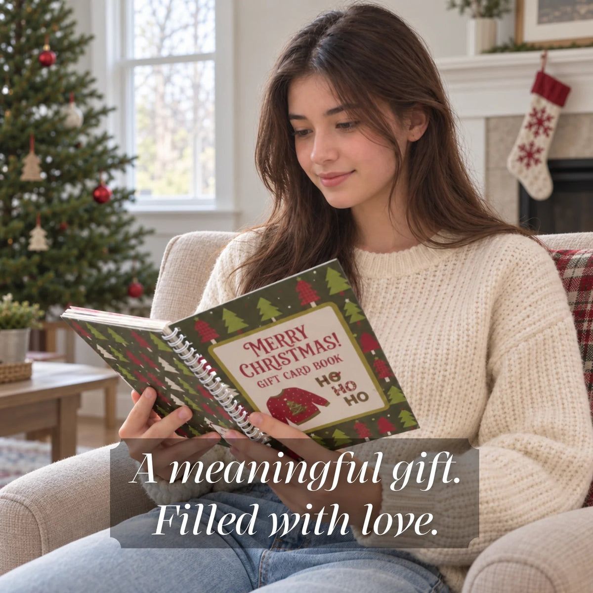 Christmas Gift Card Book For Her being read by a Christmas tree