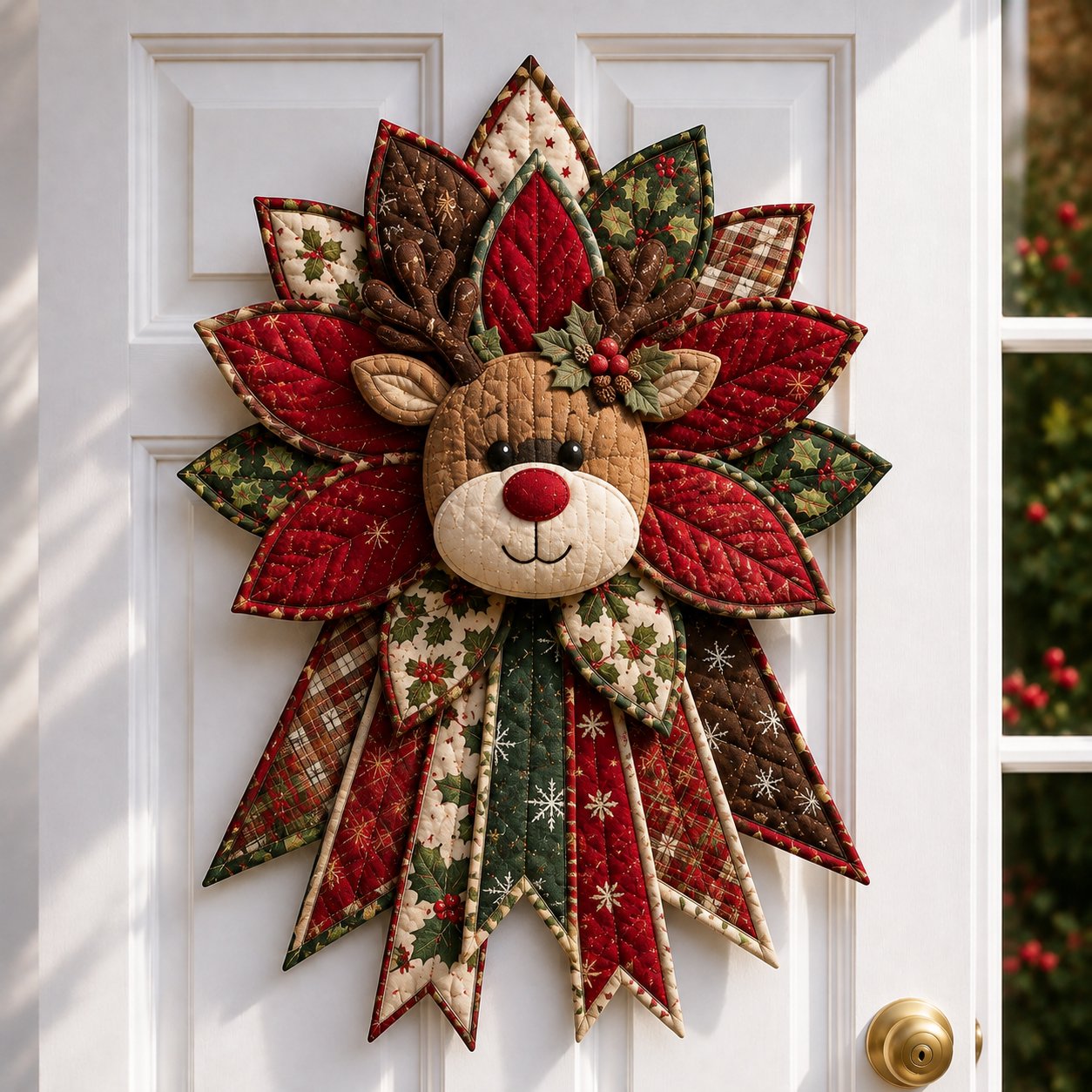 Handmade holly reindeer quilted Christmas door hanging with antlers
