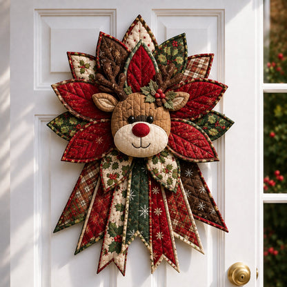 Handmade holly reindeer quilted Christmas door hanging with antlers