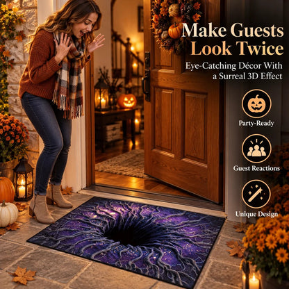 Woman startled by 3D optical illusion Halloween doormat at her front door