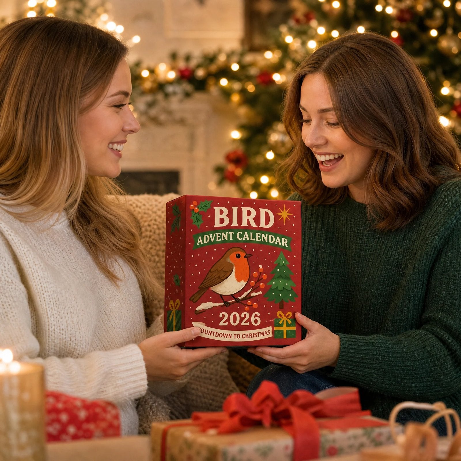 Woman gifting the Bird Advent Calendar 2026 to a friend during Christmas
